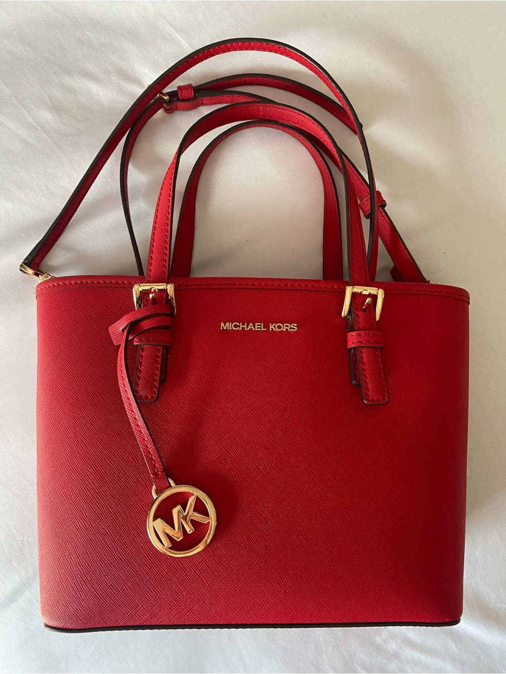 Michael Kors Red Saffiano Leather Satchel with Gold Hardware